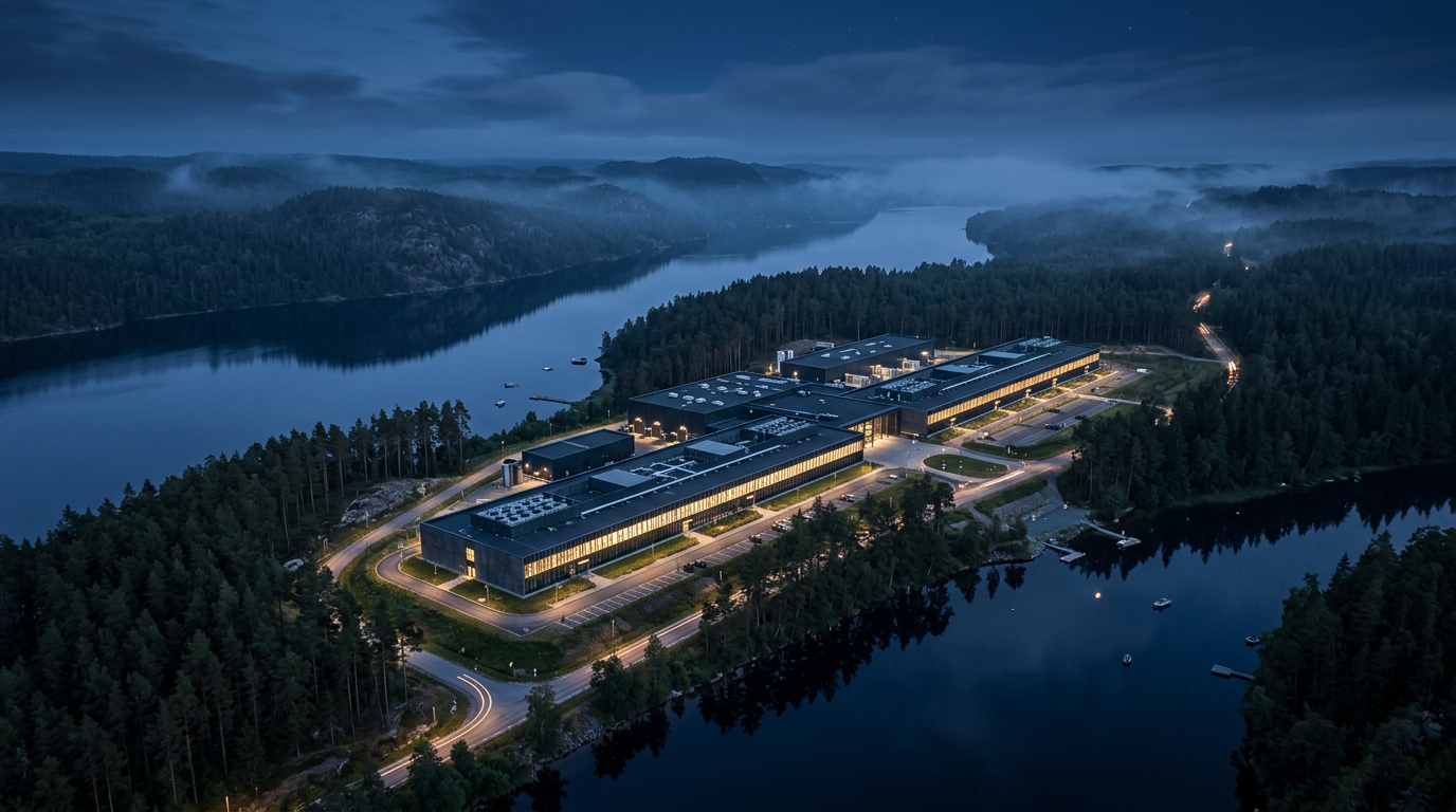 Aerial view of a sovereign AI data center campus in northern Europe at dusk